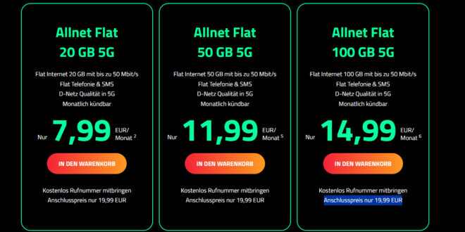 Monatlich kündbar im Vodafone Netz - 20GB nur 7.99 Euro - 50GB nur 11.99 Euro und 100GB nur 14.99 Euro monatlich - Anschlusspreis nur 19.99 Euro