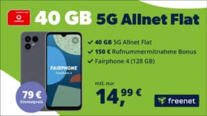 Fairphone 4 für einmalig 79 Euro mit 40GB und 150 Euro Bonus für Rufnummermitnahme nur 14.99 Euro monatlich