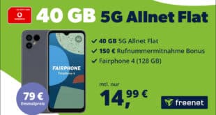 Fairphone 4 für einmalig 79 Euro mit 40GB und 150 Euro Bonus für Rufnummermitnahme nur 14.99 Euro monatlich
