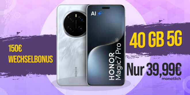 Honor Magic7 Pro 512GB mit Vertrag - einmalig 139 Euro mit 40GB und 150 Euro Wechselbonus nur 39.99 Euro monatlich