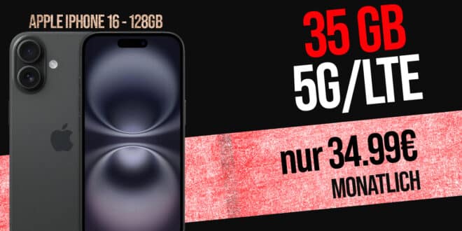 iPhone 16 für einmalig 79 Euro mit 35GB Allnet und 150 Euro Wechselbonus bei Rufnummernmitnahme nur 34.99 Euro monatlich