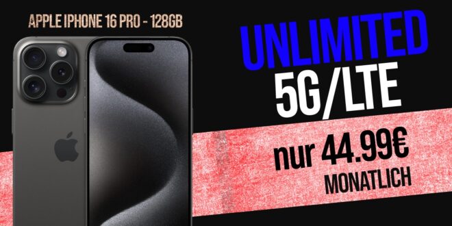 Apple iPhone 16 Pro für einmalig 99 Euro mit unlimited GB und 100 Euro Wechselbonus bei Rufnummernmitnahme nur 44.99 Euro monatlich