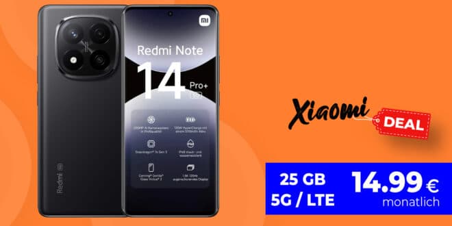 Xiaomi Redmi Note 14 Pro+ 5G (PlusVersion) für einmalig 29 Euro mit 25GB nur 14.99 Euro monatlich