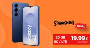 Samsung Galaxy S25 für einmalig 124 Euro mit 20GB Allnet Flat und 50 Euro Wechselbonus bei Rufnummernmitnahme nur 19.99 Euro monatlich