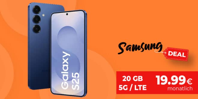 Samsung Galaxy S25 für einmalig 124 Euro mit 20GB Allnet Flat und 50 Euro Wechselbonus bei Rufnummernmitnahme nur 19.99 Euro monatlich