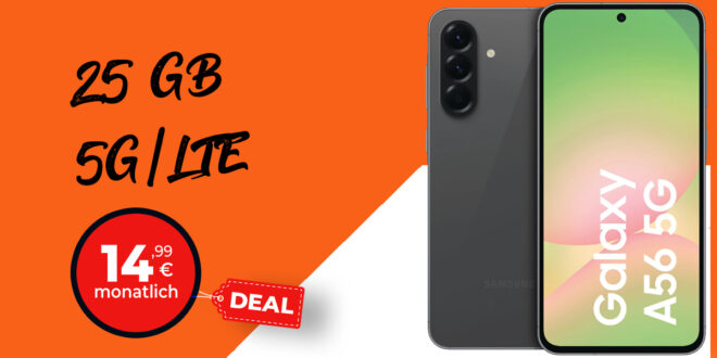 Samsung Galaxy A56 für einmalig 29 Euro (+AG 39.99€) mit 25GB 5G nur 14.99 Euro monatlich
