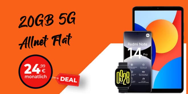 Xiaomi Redmi Note 14 Pro 5G mit Redmi Pad SE & Watch 5 Active mit 20GB Allnet Flat nur 24.99 Euro monatlich