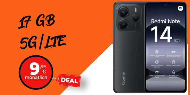 Xiaomi Redmi Note 14 5G für einmalig 29 Euro (+AG 39.99€) mit 17GB nur 9.99 Euro monatlich