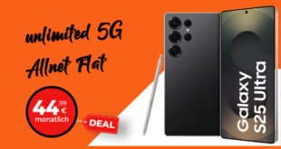 Samsung Galaxy S25 Ultra & 25W USB-C Ladeadapter mit unbegrenztem (unlimited) Datenvolumen & 100 Euro Wechselbonus bei Rufnummernmitnahme nur 44.99 Euro monatlich