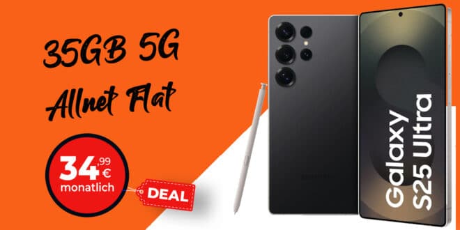 Samsung Galaxy S25 Ultra für einmalig 249 Euro mit 35GB und 100 Euro Wechselbonus bei Rufnummernmitnahme nur 34.99 Euro monatlich