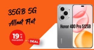 Honor 400 Pro mit Vertrag - einmalig 29 Euro mit 35GB Allnet Flat und 50 Euro Wechselbonus bei Rufnummernmitnahme nur 19.99 Euro monatlich