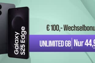 Samsung Galaxy S25 Edge für einmalig 99.95 Euro mit o2 Mobile Unlimited & 100 Euro Wechselbonus bei Rufnummermitnahme nur 44.99 Euro monatlich