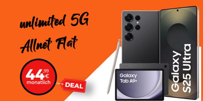 Samsung Galaxy S25 Ultra & 25W USB-C Ladeadapter & Galaxy Tab A9+ mit unbegrenztem (unlimited) Datenvolumen & 100 Euro Wechselbonus bei Rufnummernmitnahme nur 44.99 Euro monatlich
