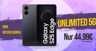 Samsung Galaxy S25 Edge für einmalig 129 Euro mit unlimited 5G Allnet Flat und 100 Euro Wechselbonus nur 44.99 Euro monatlich