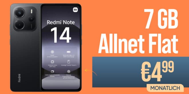 Xiaomi Redmi Note 14 für einmalig 29 Euro mit 7GB Allnet Flat nur 4.99 Euro monatlich