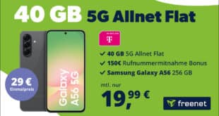 Samsung Galaxy A56 für einmalig 29 Euro mit 40GB Allnet Flat und 150 Euro Wechselbonus bei Rufnummermitnahme nur 19.99 Euro monatlich