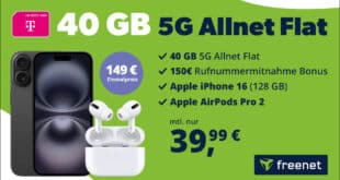 Apple iPhone 16 & AirPods Pro 2nd Gen für einmalig 149 Euro mit 40GB Allnet Flat und 150 Euro Wechselbonus nur 39.99 Euro monatlich