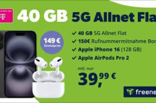 Apple iPhone 16 & AirPods Pro 2nd Gen für einmalig 149 Euro mit 40GB Allnet Flat und 150 Euro Wechselbonus nur 39.99 Euro monatlich