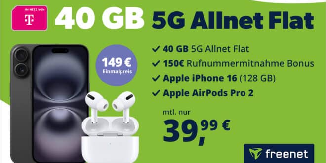 Apple iPhone 16 & AirPods Pro 2nd Gen für einmalig 149 Euro mit 40GB Allnet Flat und 150 Euro Wechselbonus nur 39.99 Euro monatlich