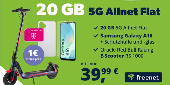 20GB 5G Telekom Allnet Flat & Red Bull E-Scooter RS1000 & Samsung Galaxy A16 mit Schutzhülle + Glas nur 39.99 Euro monatlich