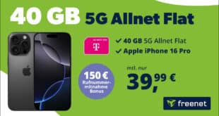 iPhone 16 Pro für einmalig 199 Euro mit 40GB 5G Allnet Flat und 150 Euro Wechselbonus nur 39.99 Euro monatlich
