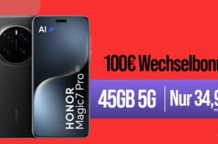 HONOR Magic7 Pro für einmalig 99.95 Euro mit 45GB Allnet Flat und 100 Euro Wechselbonus nur 34.99 Euro monatlich