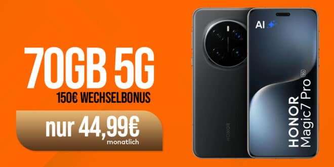 Honor Magic7 Pro 512GB mit 70GB 5G Allnet Flat und 150 Euro Wechselbonus nur 44.99 Euro monatlich