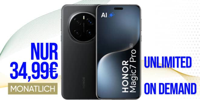 Honor Magic 7 Pro für einmalig 99 Euro mit unlimited on demand und 100 Euro Wechselbonus bei Rufnummernmitnahme nur 34.99 Euro monatlich