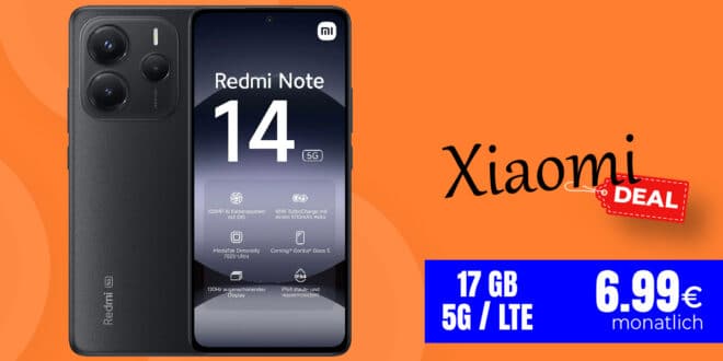 Xiaomi Redmi Note 14 5G für einmalig 29 Euro mit 17GB Allnet Flat nur 6.99 Euro monatlich