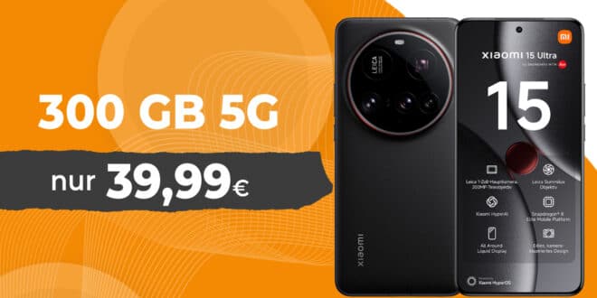 Xiaomi 15 Ultra für einmalig 1 Euro (Einsendung Altgerät) mit 300GB Allnet Flat und 100 Euro Wechselbonus nur 39.99 Euro monatlich