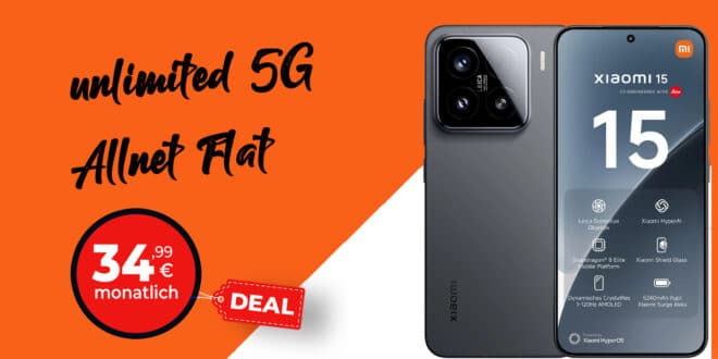 Xiaomi 15 mit o2 Mobile Unlimited on Demand und 100 Euro Wechselbonus bei Rufnummernmitnahme nur 34.99 Euro monatlich