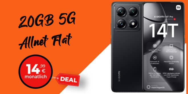 Xiaomi 14T Pro 512GB & 120W HyperCharge mit 20GB Allnet Flat und 50 Euro Wechselbonus nur 14.99 Euro monatlich