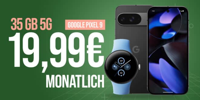 Google Pixel 9 & Pixel Watch 2 LTE für einmalig 49 Euro mit 35GB Allnet Flat und 50 Euro Wechselbonus nur 19.99 Euro monatlich