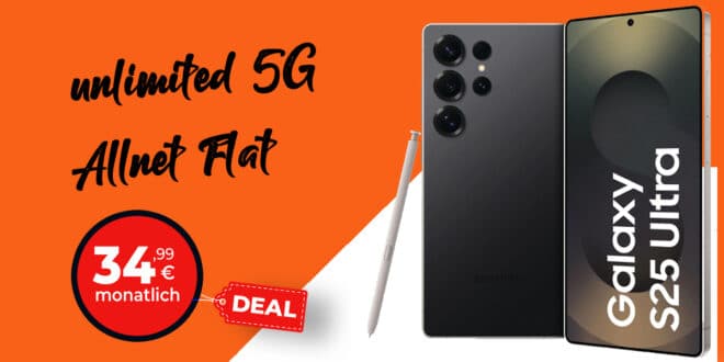 Samsung Galaxy S25 Ultra für einmalig 99 Euro mit unlimited on demand nur 34.99 Euro monatlich