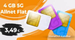 Monatlich kündbar - 4GB 5G Allnet Flat nur 3.49 Euro monatlich - 9.99 Euro Bereitstellungspreis