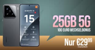 Xiaomi 15 für einmalig 9.95 Euro mit 25GB und 100 Euro Wechselbonus bei Rufnummernmitnahme nur 29.99 Euro monatlich