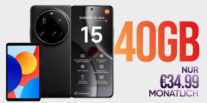 Xiaomi 15 Ultra & Redmi Pad SE für einmalig 49 Euro (Einsendung Altgerät) mit 40GB Allnet Flat nur 34.99 Euro monatlich