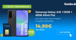 Samsung Galaxy A36 für einmalig 19 Euro mit 40GB Allnet Flat und 150 Euro Wechselbonus nur 14.99 Euro monatlich