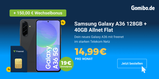 Samsung Galaxy A36 für einmalig 19 Euro mit 40GB Allnet Flat und 150 Euro Wechselbonus nur 14.99 Euro monatlich