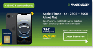 iPhone 16e für einmalig 79 Euro mit 50GB Allnet Flat und 150 Euro Wechselbonus nur 24.99 Euro monatlich