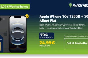 iPhone 16e für einmalig 79 Euro mit 50GB Allnet Flat und 150 Euro Wechselbonus nur 24.99 Euro monatlich