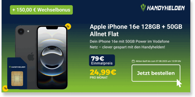 iPhone 16e für einmalig 79 Euro mit 50GB Allnet Flat und 150 Euro Wechselbonus nur 24.99 Euro monatlich