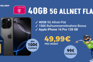 iPhone 16 Pro für einmalig 99 Euro mit 40GB Allnet FLat und 150 Euro Wechselbonus und 100 Euro Cashback nur 49.99 Euro monatlich