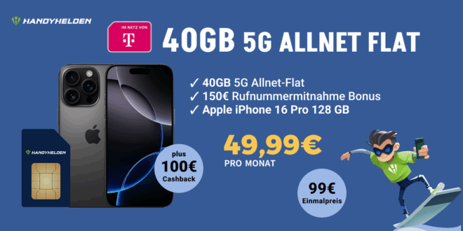 iPhone 16 Pro für einmalig 99 Euro mit 40GB Allnet FLat und 150 Euro Wechselbonus und 100 Euro Cashback nur 49.99 Euro monatlich