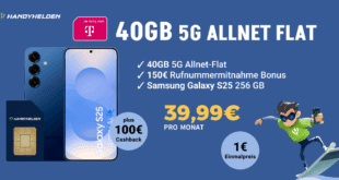 Samsung Galaxy S25 256GB mit 40GB Allnet Flat und 150 Euro Wechselbonus und 100 Euro Cashback nur 39.99 Euro monatlich