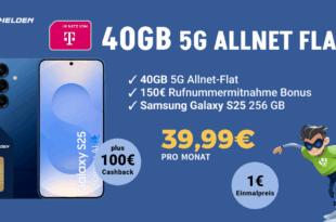 Samsung Galaxy S25 256GB mit 40GB Allnet Flat und 150 Euro Wechselbonus und 100 Euro Cashback nur 39.99 Euro monatlich
