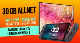 Samsung 50 Zoll UHD TV & Nintendo Switch 2 für einmalig 80.89 Euro mit 30GB 5G Allnet Flat für 57.99 Euro monatlich