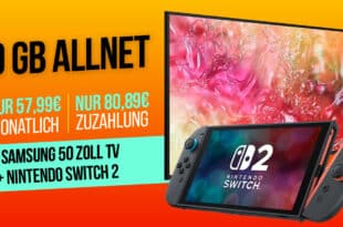 Samsung 50 Zoll UHD TV & Nintendo Switch 2 für einmalig 80.89 Euro mit 30GB 5G Allnet Flat für 57.99 Euro monatlich