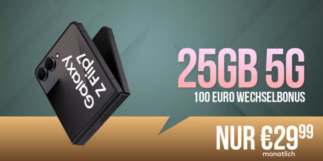 Samsung Galaxy Z Flip7 für einmalig 99.95 Euro mit 25GB Allnet Flat und 100 Euro Wechselbonus nur 29.99 Euro monatlich