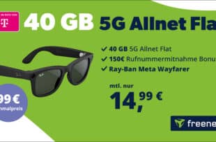 META Ray-Ban für einmalig 99 Euro mit 40GB Allnet Flat und 150 Euro Wechselbonus nur 14.99 Euro monatlich
